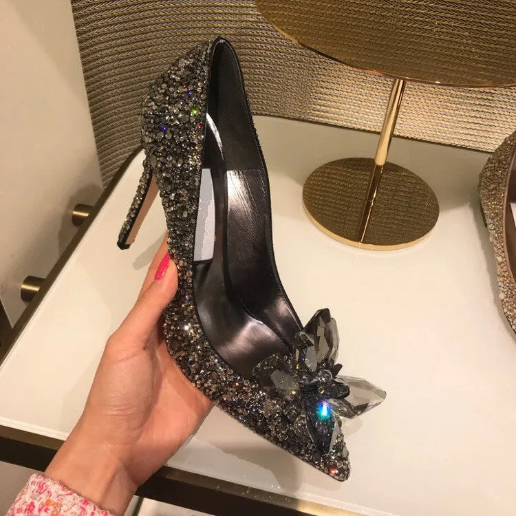 Gold and silver women's pointed toe high heels with rhinestone and sequin decoration