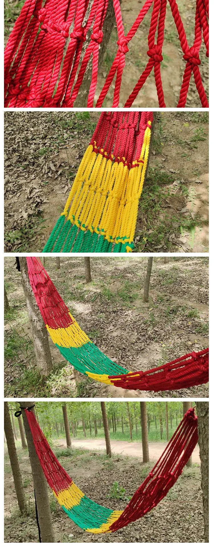 Bold style outdoor nylon rope mesh hammock hung between two trees.