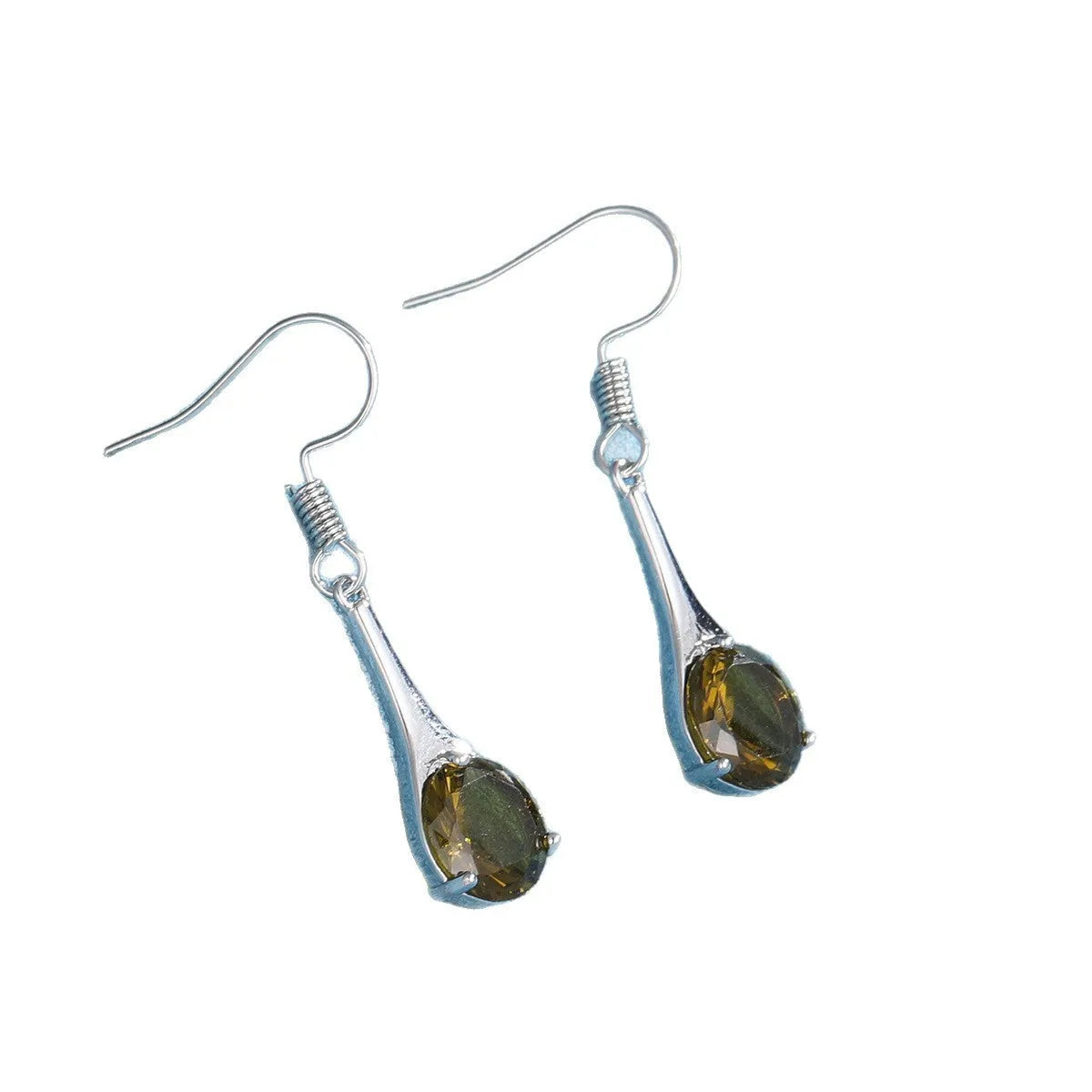A pair of olive green retro-style drop earrings made from alloy on a white background.