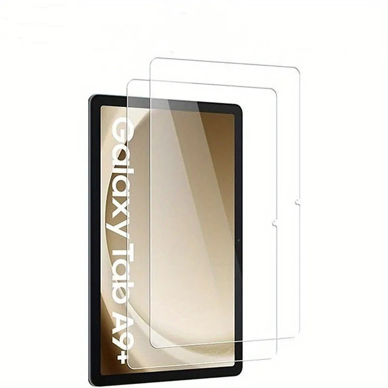 Samsung Galaxy tablet with a clear tempered glass screen protector applied, showing anti-fingerprint properties.