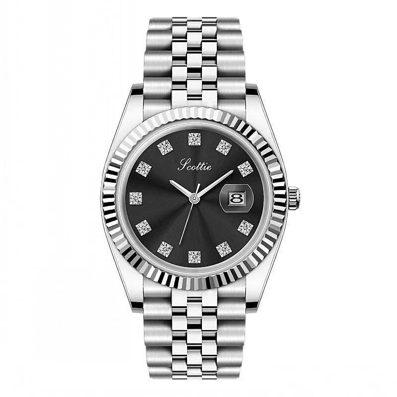 Women's casual analogue calendar watch with gold case, white dial, and steel belt on wrist