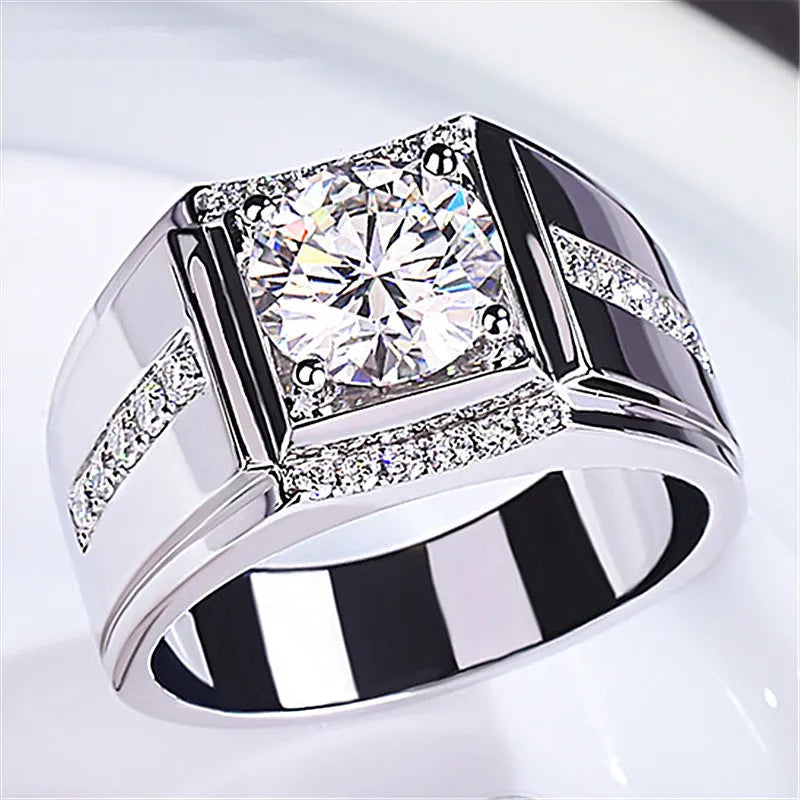 Adjustable high carbon diamond zircon men's ring in geometric design with electroplated finish