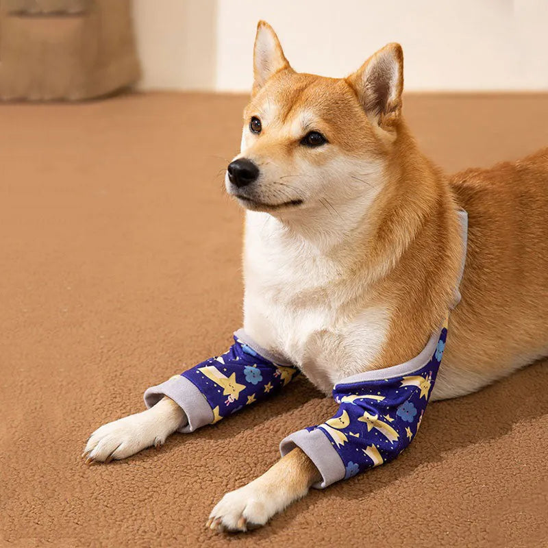 Adjustable dog knee protector with elbow padding and matching scarf in blue, grey or yellow
