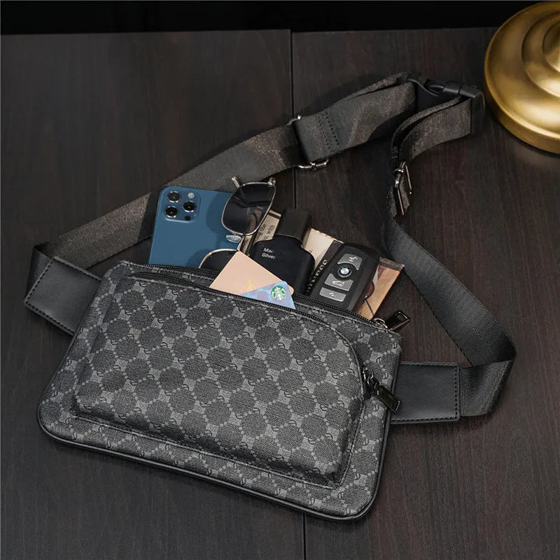 Men's patterned black PU leather waterproof crossbody chest bag with adjustable strap