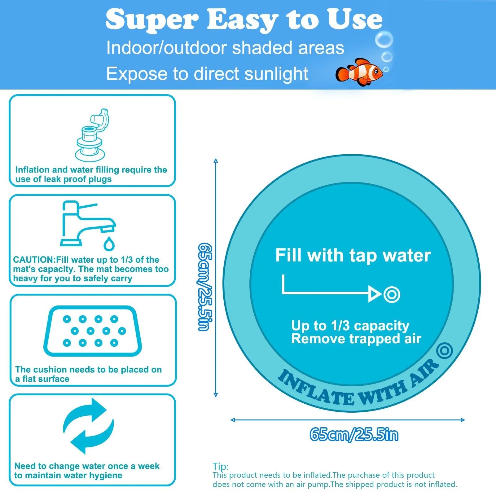 Thickened PVC cat water sensory play mat with floating fish toys, measuring 100cm square