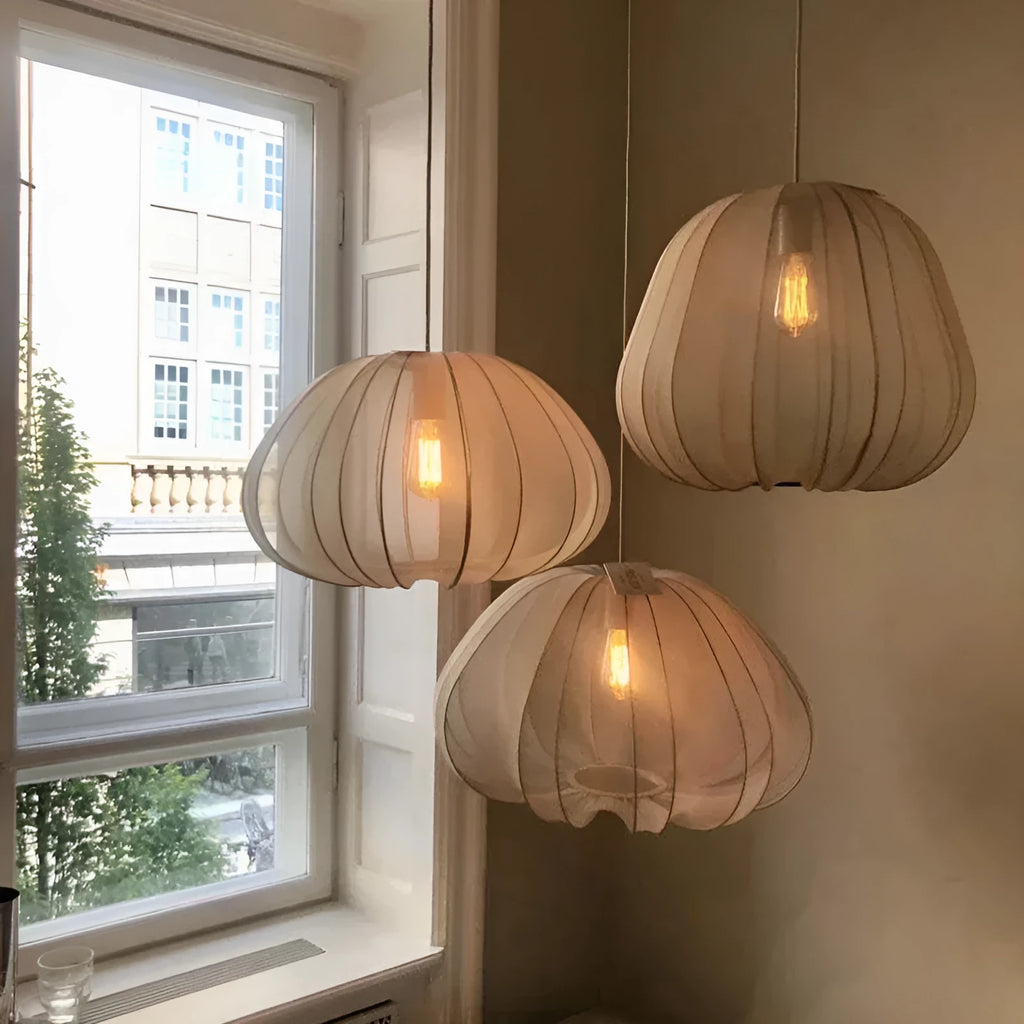 Japanese style pumpkin-shaped ceiling lamp with iron construction in white or grey blue finish