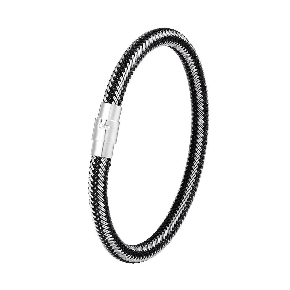 Geometric titanium steel wire bracelet with a magnetic clasp on a wrist, shown in a silver colour.