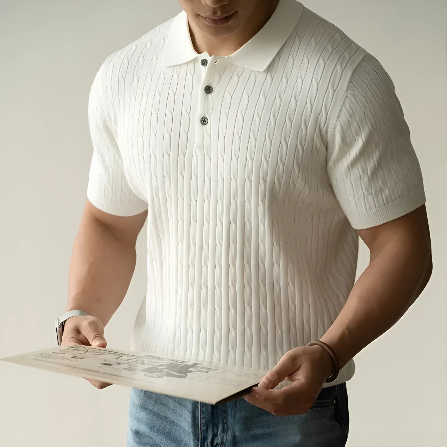 Men's business casual short sleeve top in khaki, black or white colours with Asian sizing information