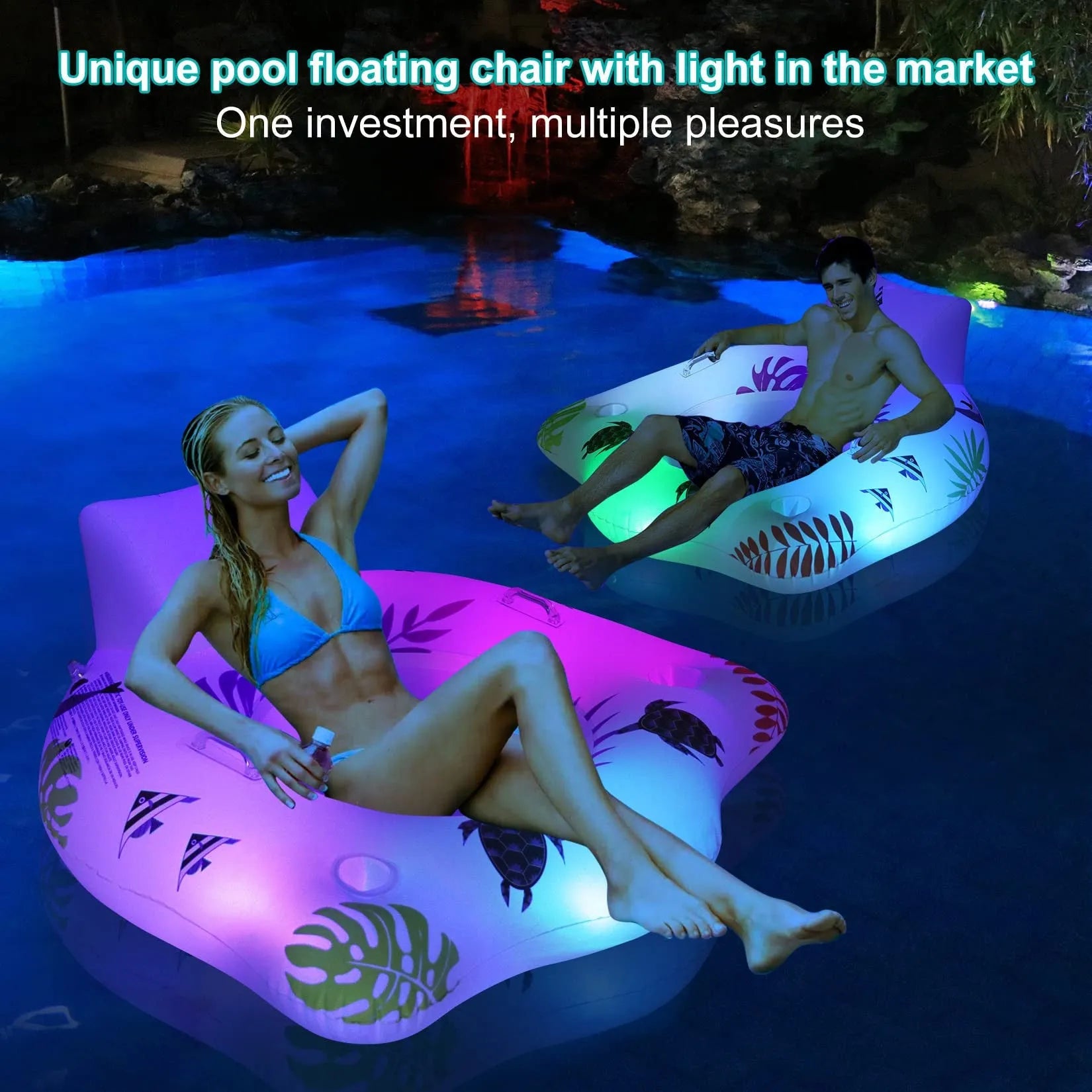 White luminous U-shaped inflatable water float seat on blue water surface