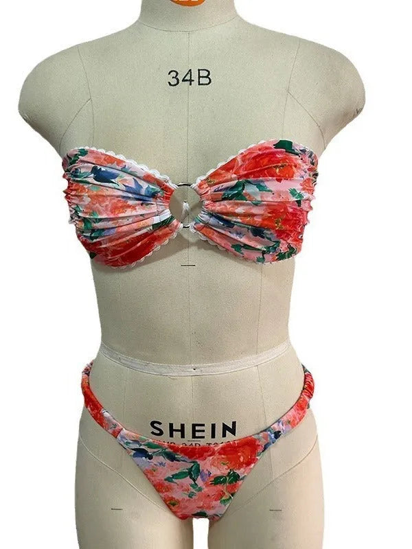 European style floral print tube top bikini set in polyester fabric for swimming
