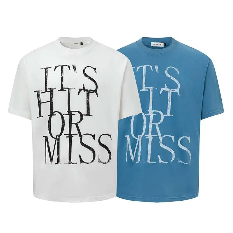 Men's white American retro t-shirt with blue printed letter design, loose fit round neck