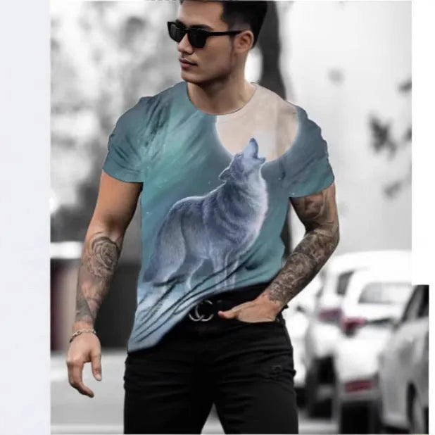 Men's short-sleeved T-shirt with a retro style 3D animal graphic print on light blue fabric.