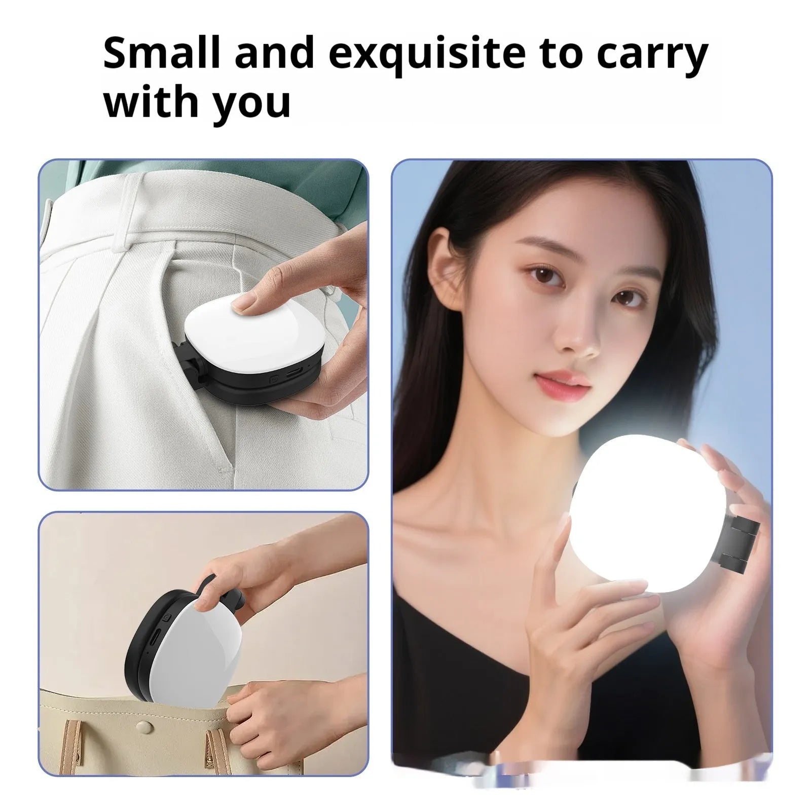 Black and white mobile phone magnetic fill light with three-colour temperature adjustment and variable phone holder