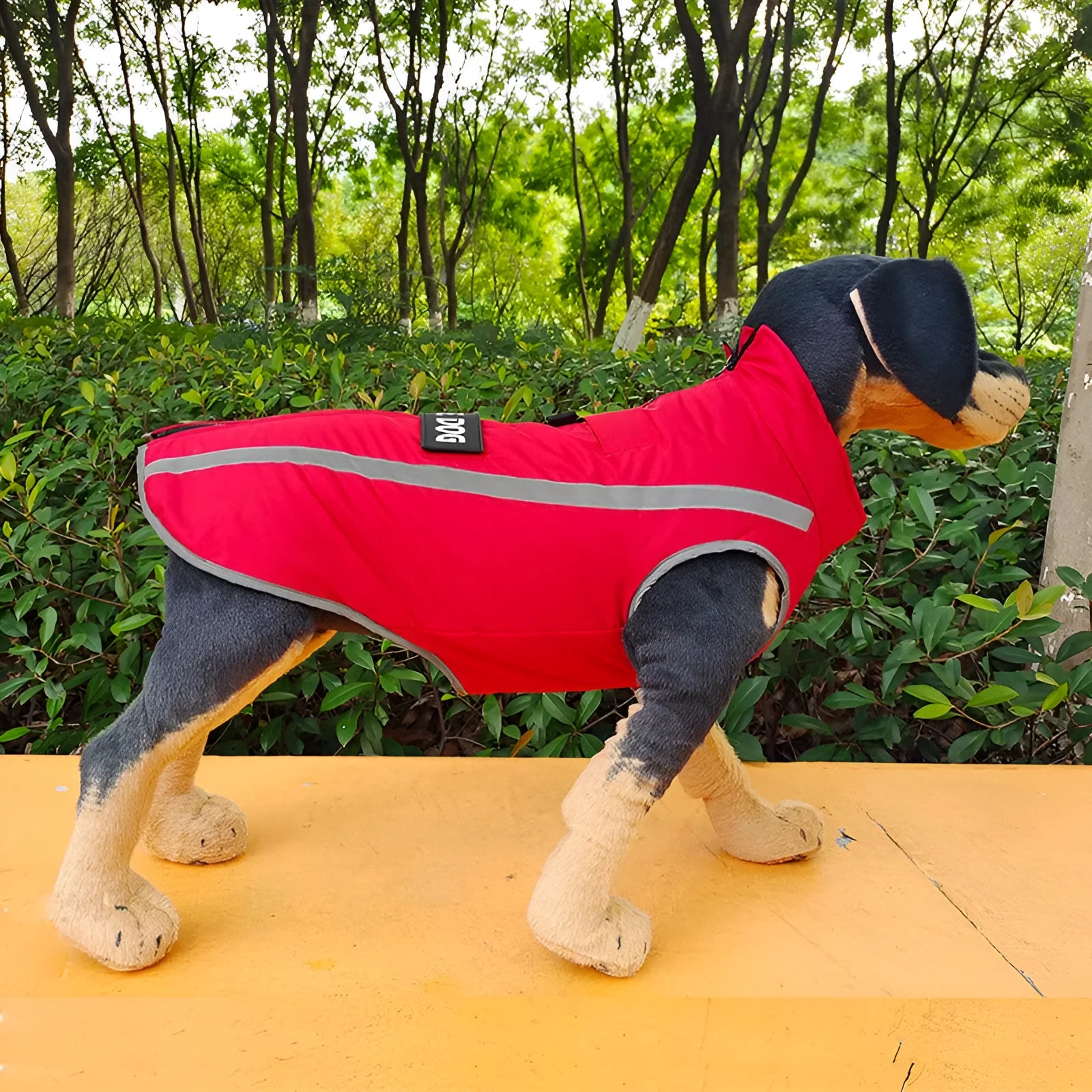 Waterproof reflective dog coat with fleece lining in beige, adjustable chest straps and collar design