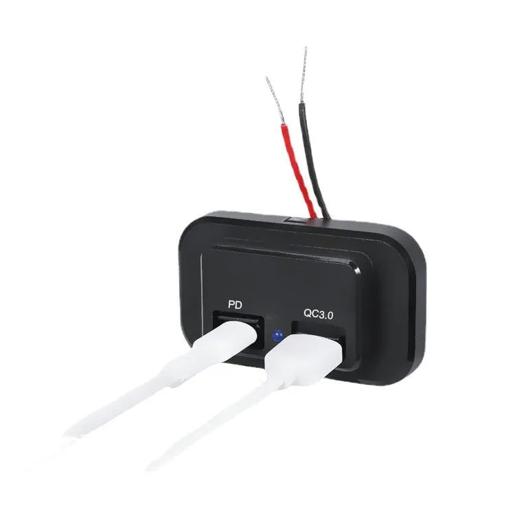 Black QC3.0 TYPE-C car charger with PD fast charging support and 36W output