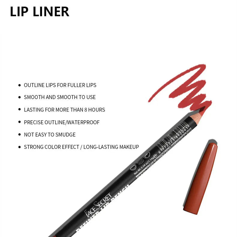A lip liner pencil in a wooden barrel, shown with a sharp point, alongside swatches of its 14 available colour shades.
