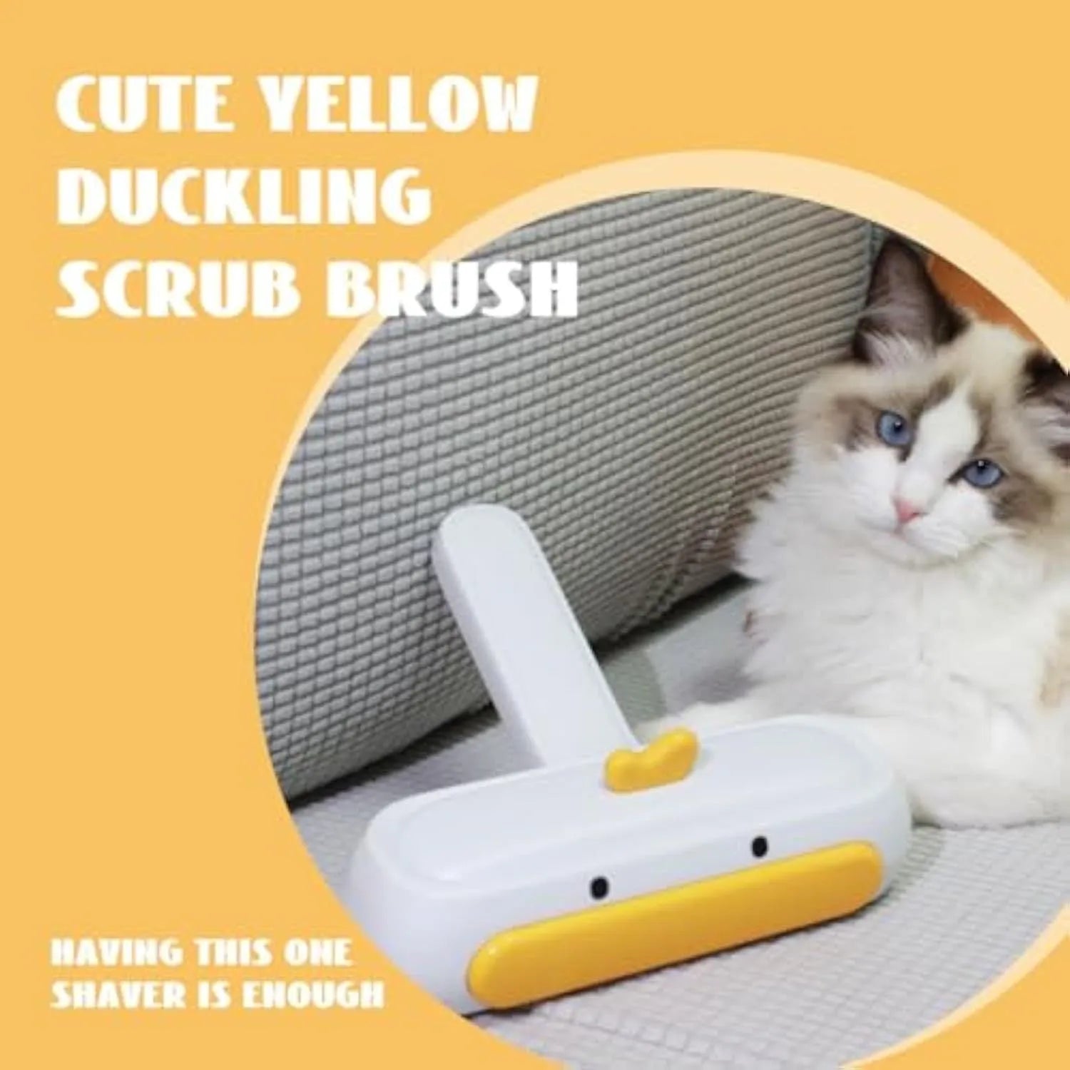 White portable reusable pet hair removal roller with cartoon duck design and dense bristles.