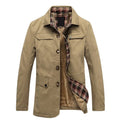 Fleece-lined thickened men's Korean slim fit trench coat in khaki, mid-length 65cm, side pockets, velvet lining