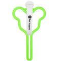 A hands-free dog poop bag holder with a fixed clip and adjustable black Velcro strap, shown attached to a dog lead.