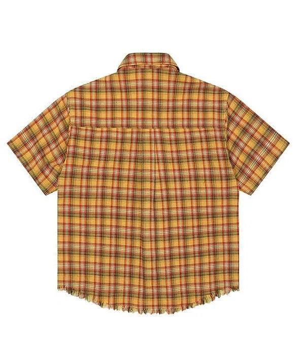 Yellow grid plaid short sleeve shirt with embroidered chest pocket, loose fit casual button-up style