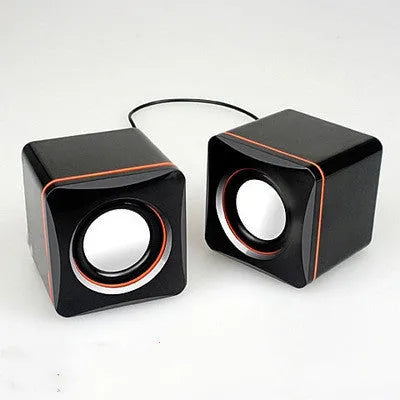 Black 2.0 small square desktop speaker with USB power cable for computers