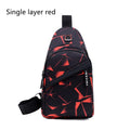 Blue print sling chest bag for men with crossbody strap and visible earphone hole