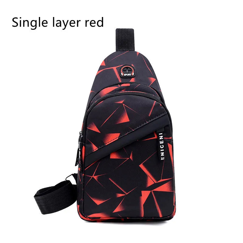 Blue print sling chest bag for men with crossbody strap and visible earphone hole