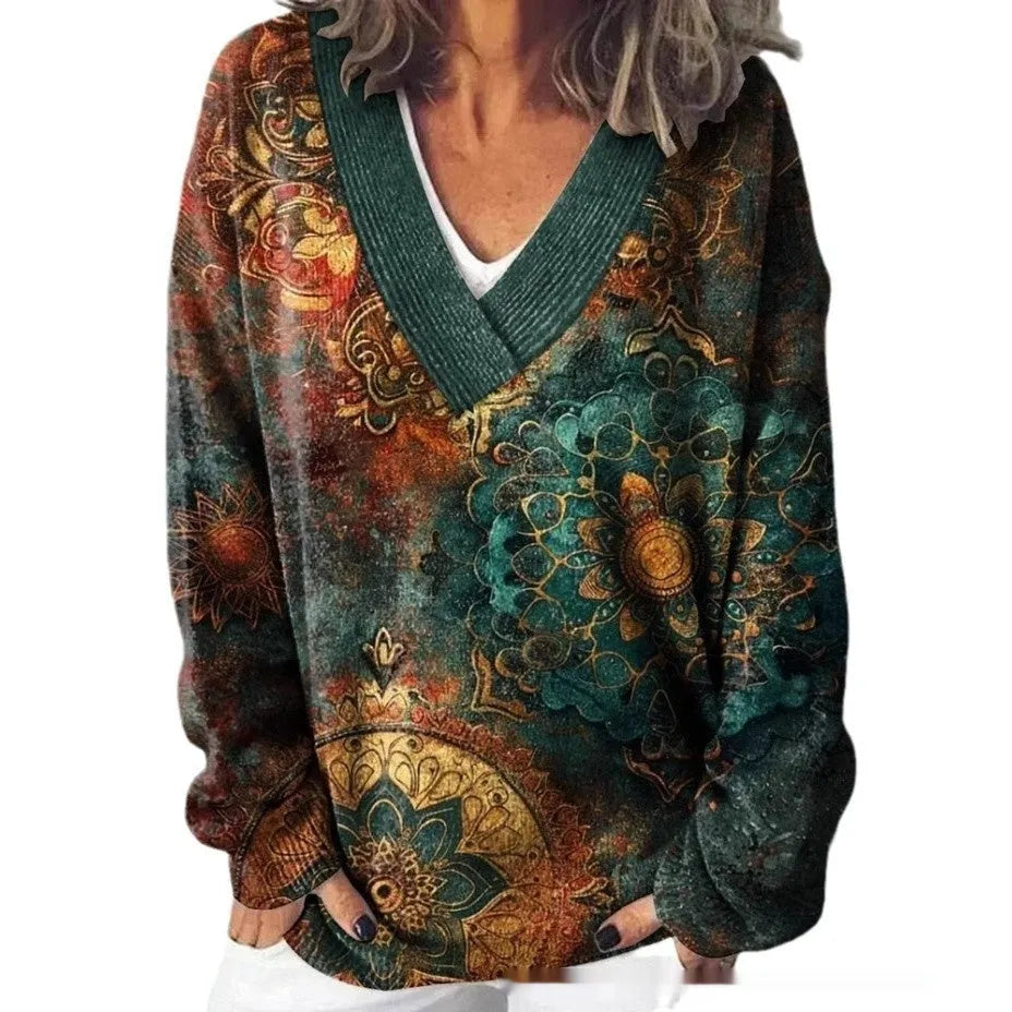 Women's V-neck long sleeve sweatshirt with a detailed 3D floral print pattern.