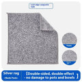 Silver wire kitchen scrubber with attached microfibre rag for double-sided pot cleaning