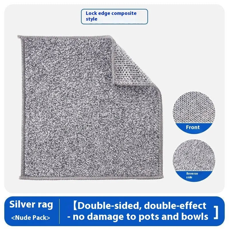 Silver wire kitchen scrubber with attached microfibre rag for double-sided pot cleaning
