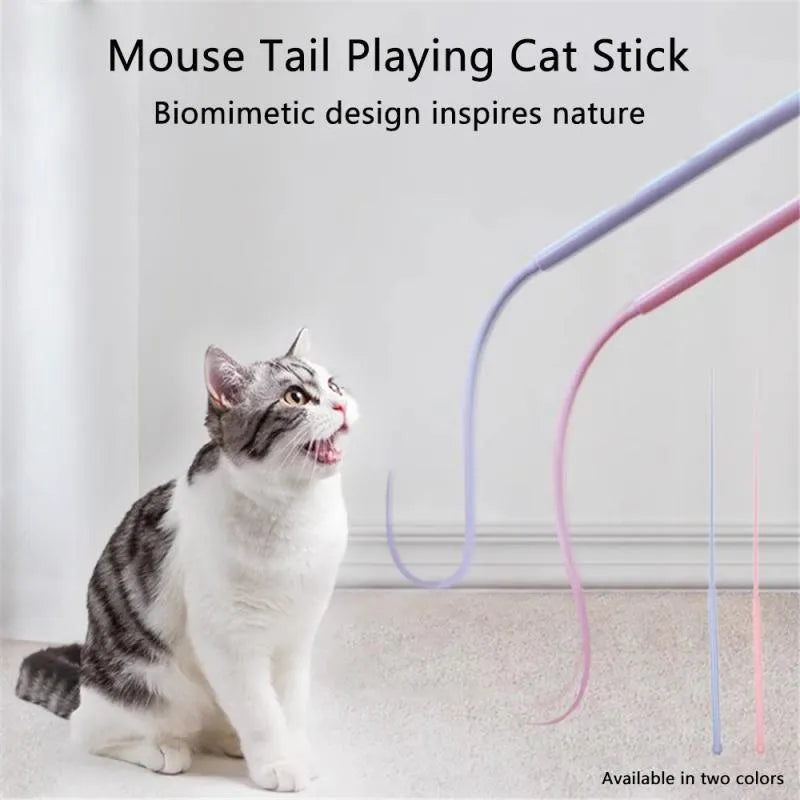Blue simulated mouse tail cat toy with 80cm stick and soft silicone tail for interactive play