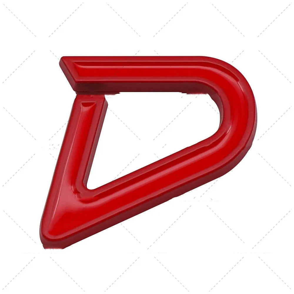 Metal decorative car sticker showing SD and D patterns in red and silver colour options on a white background.
