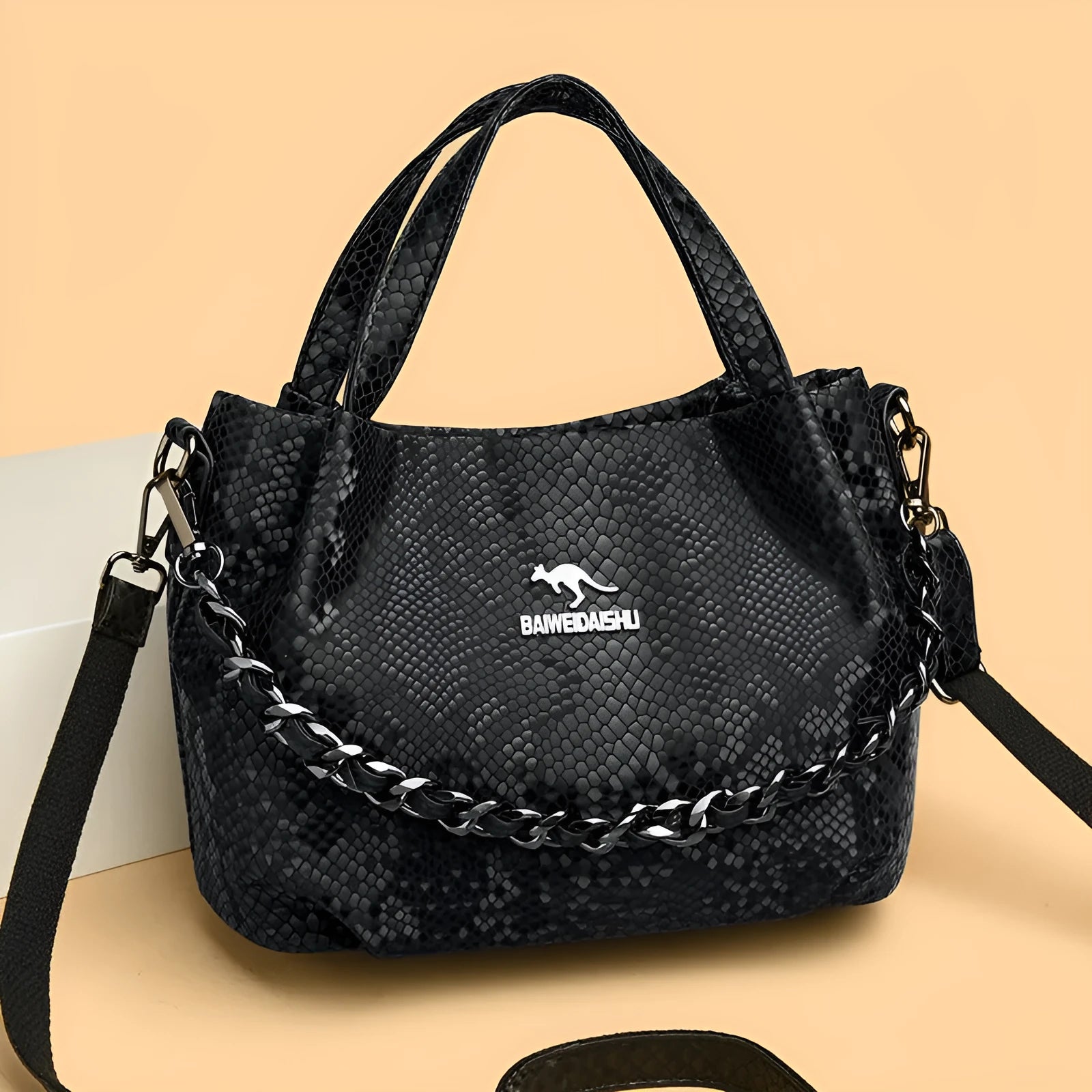 Genuine leather horizontal square shoulder bag with chain detail and snakeskin texture, multiple zippered compartments, available in various colours