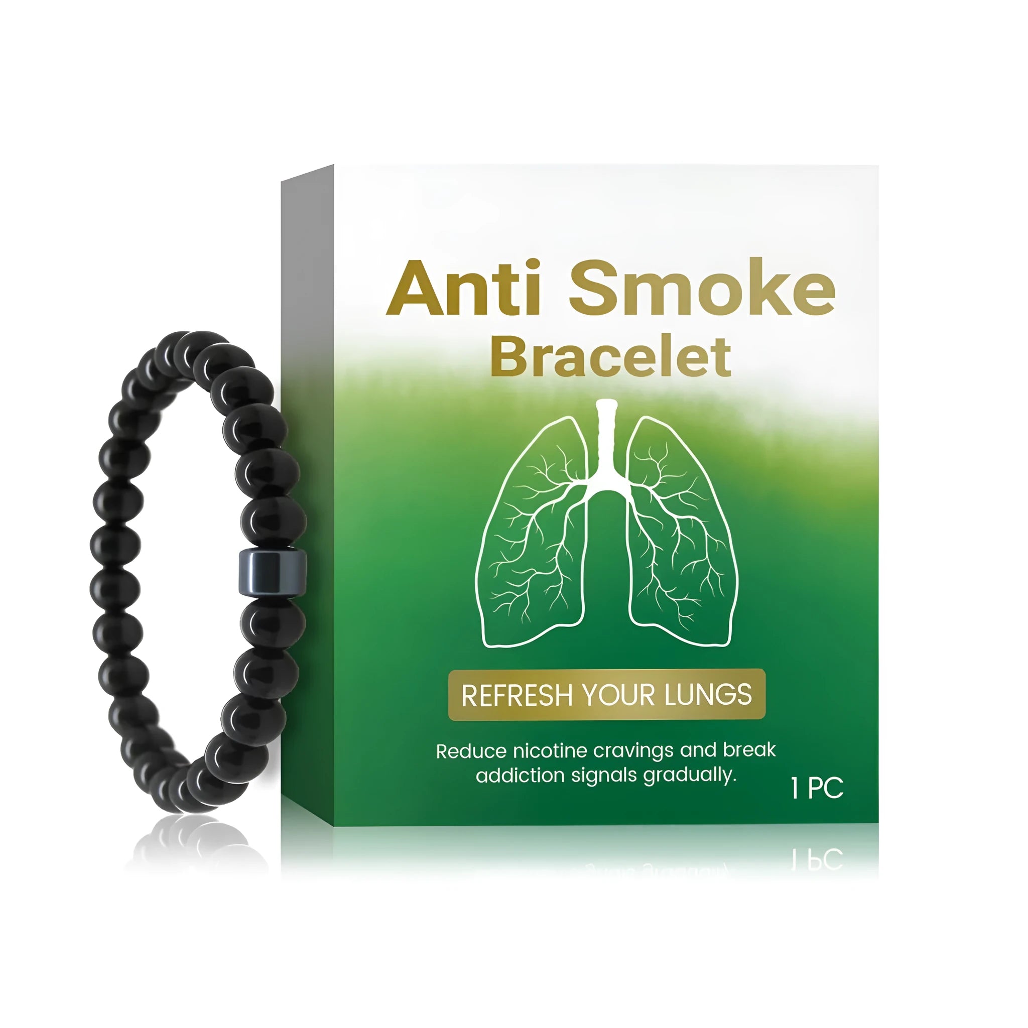 Men's bracelet made of clear glass and dark black gallstone stones on a wrist.