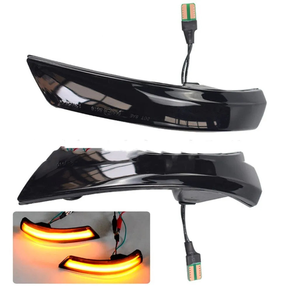 Pair of ABS plastic rearview mirror waterfall lights for Ford Focus and Mondeo, showing yellow and blue/yellow LED options.