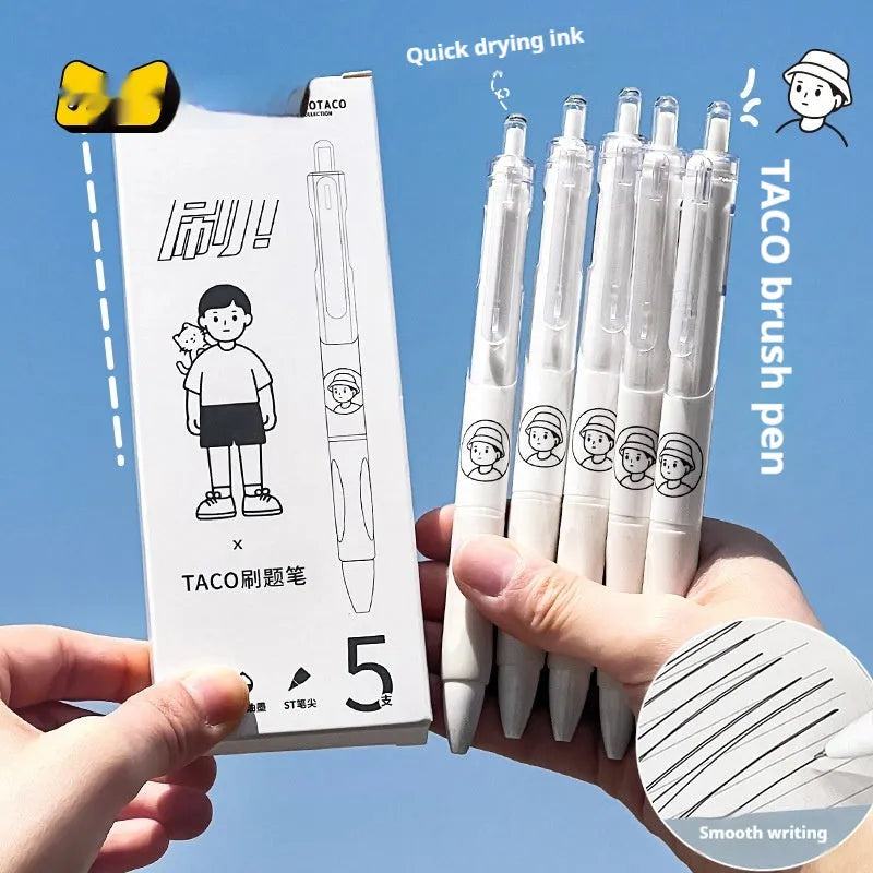 Five white and black Taco series ballpoint pens with 0.5mm black ink refills for student writing