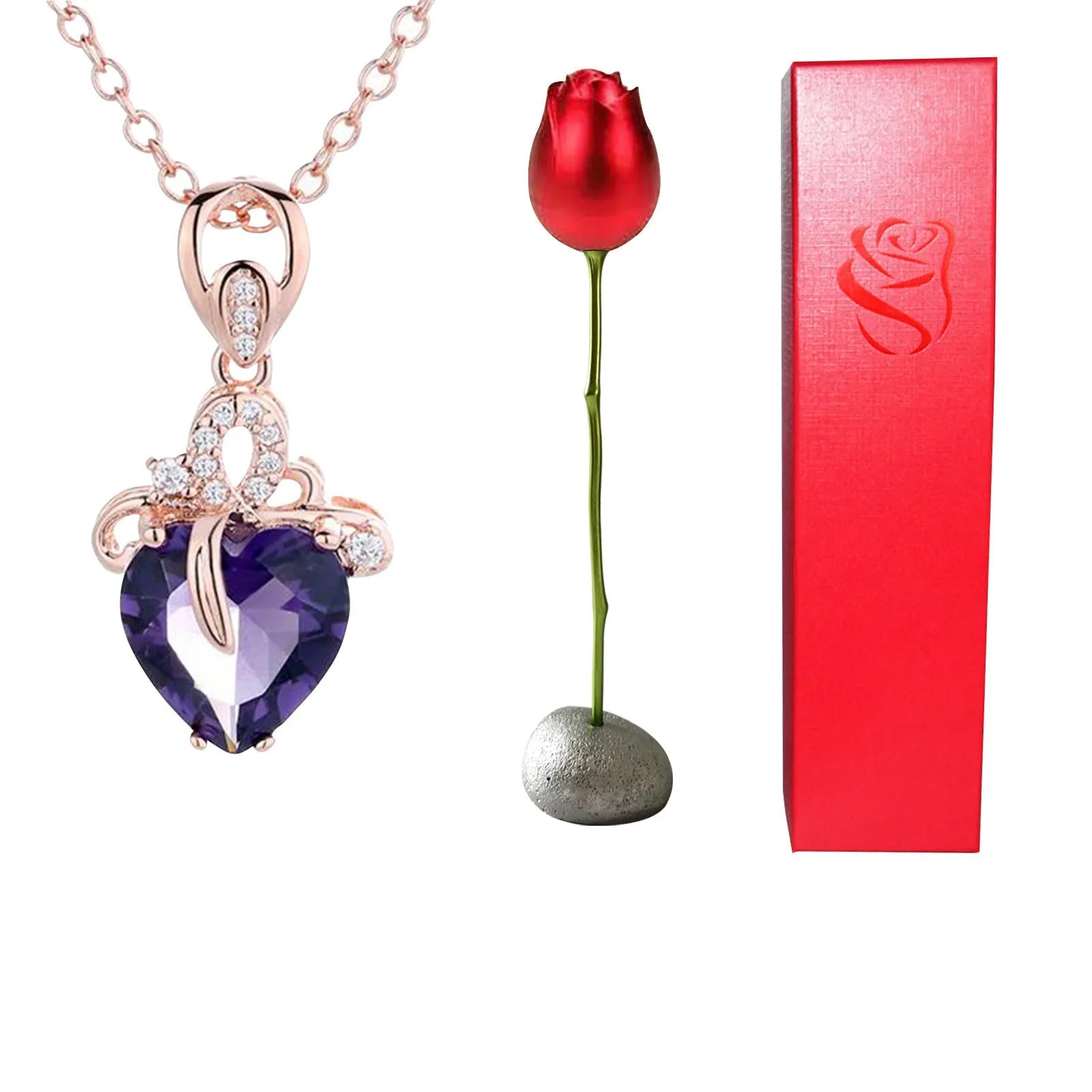 Heart-shaped crystal diamond rose pendant necklace in copper with electroplated finish, rose box packaging