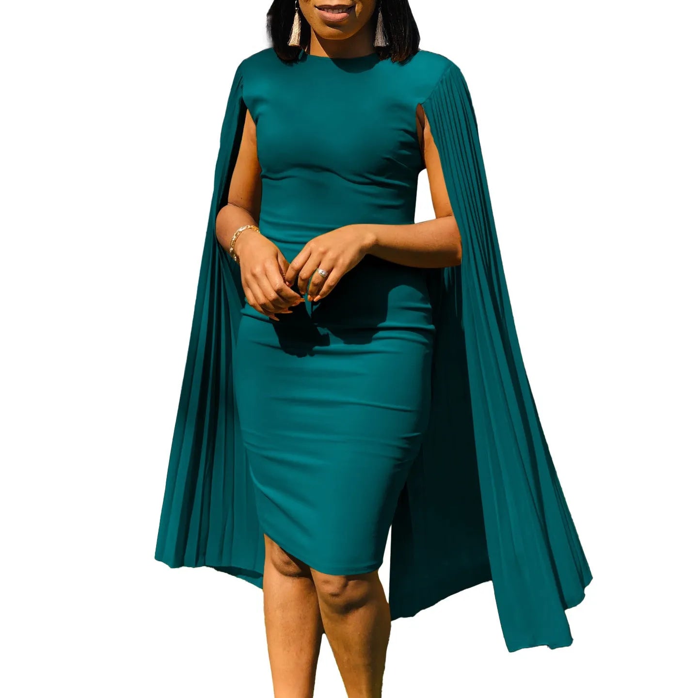 Yellow women's long sleeve evening gown with round neck, high waist, and a pleated shawl detail.