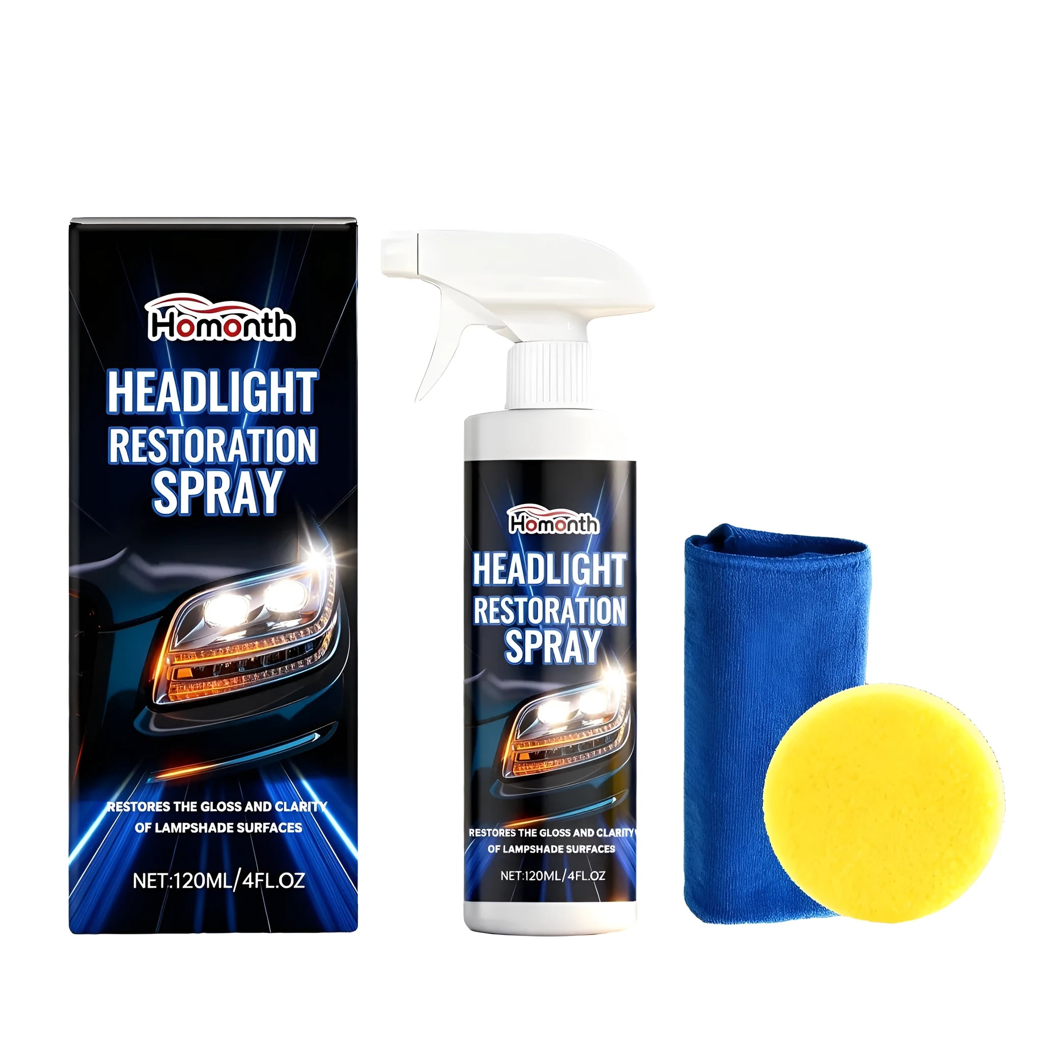 HOMONTH 120ml headlight restoration spray kit with PTFE formula, sponge and microfibre towel