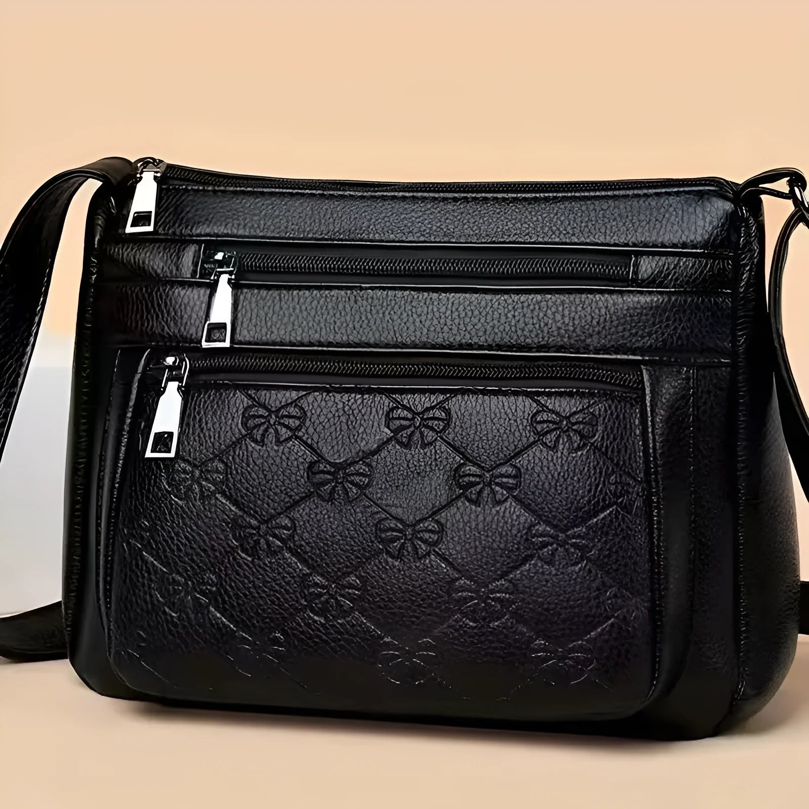 Butterfly Black horizontal square PU crossbody bag for women with external slit pocket and embossed detail