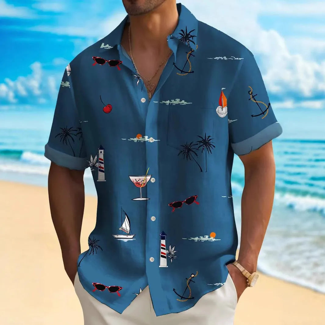 Men's loose fit Hawaiian shirt with digital printing pattern in polyester fabric showing short sleeve design