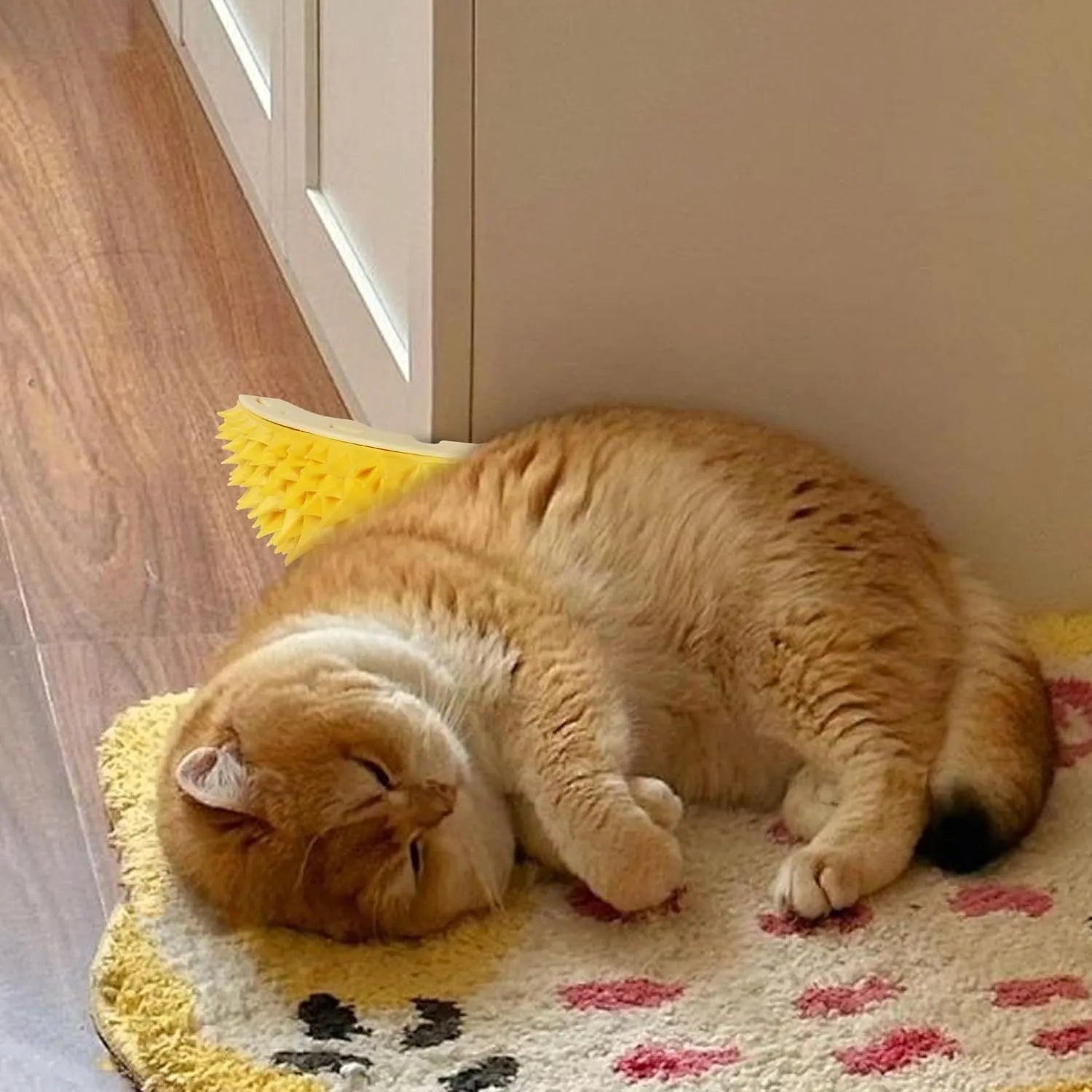 Yellow durian-shaped cat corner scratcher with built-in massage comb for wall corners