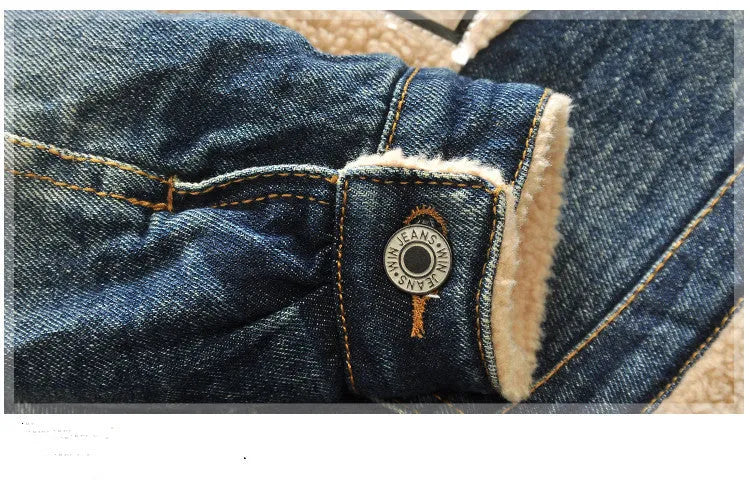 Children's thickened Korean style fur collar denim jacket with square collar in denim colour on model