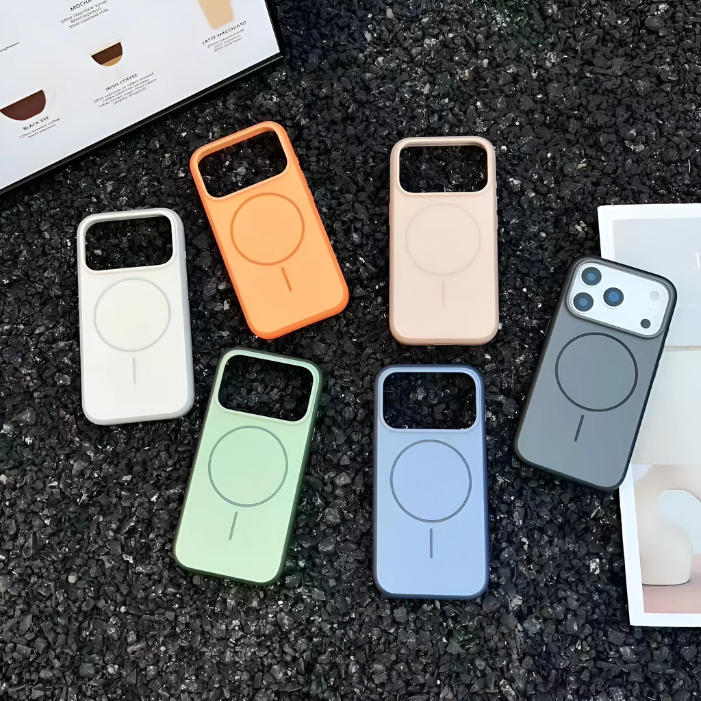 Blue frosted magnetic iPhone case with a protruding AI camera button on the side.