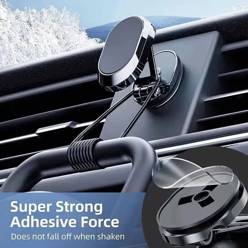Chrome folding magnetic car phone holder mounted on a dashboard, showing 360-degree rotation.