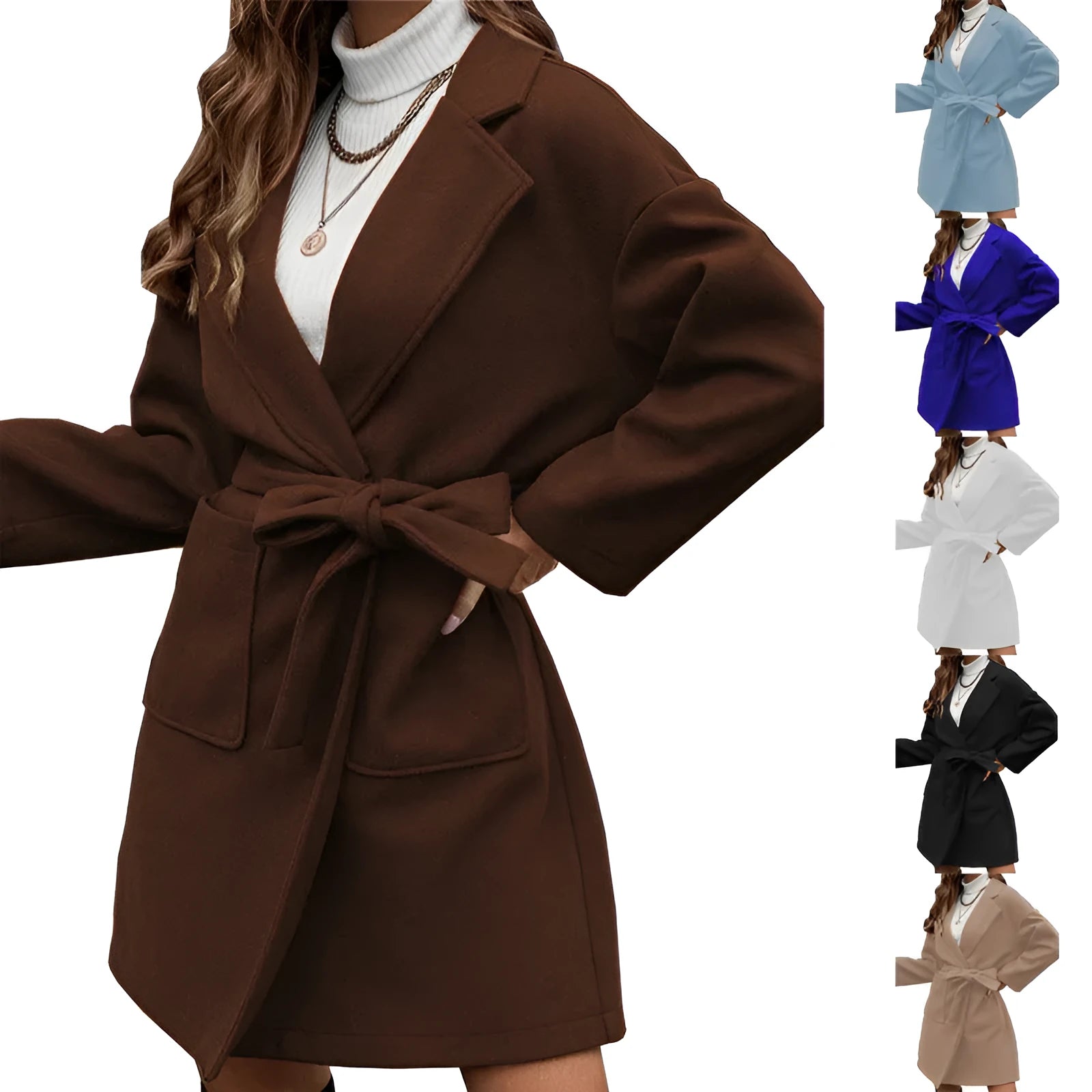 Long sleeve brown lapel button coat with belt and split back, loose fit on a hanger.