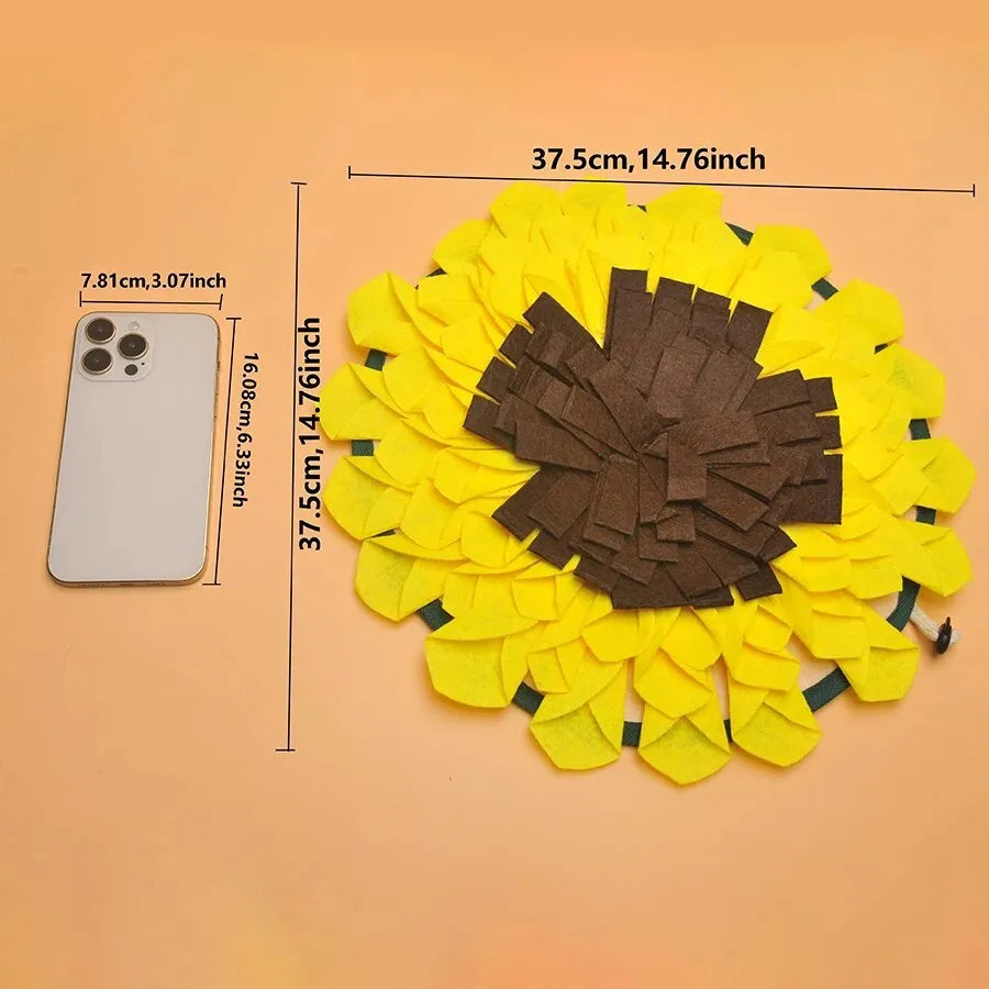 Yellow sunflower-shaped dog snuffle mat with fabric layers for hiding treats during nosework training