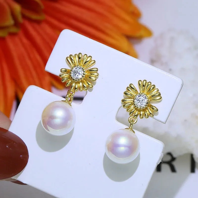 Baroque S925 sterling silver flower earrings with matching ring holder in gold and silver options
