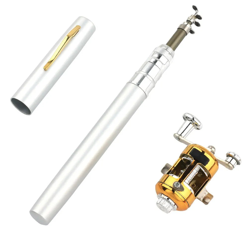 Portable telescopic pen fishing rod kit extended to 1m and collapsed next to its aluminium case.
