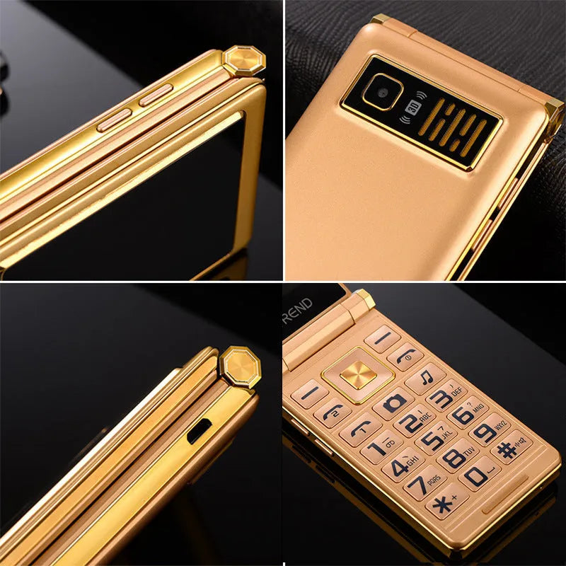 Dual screen flip phone in black colour showing both internal touch screen and external display